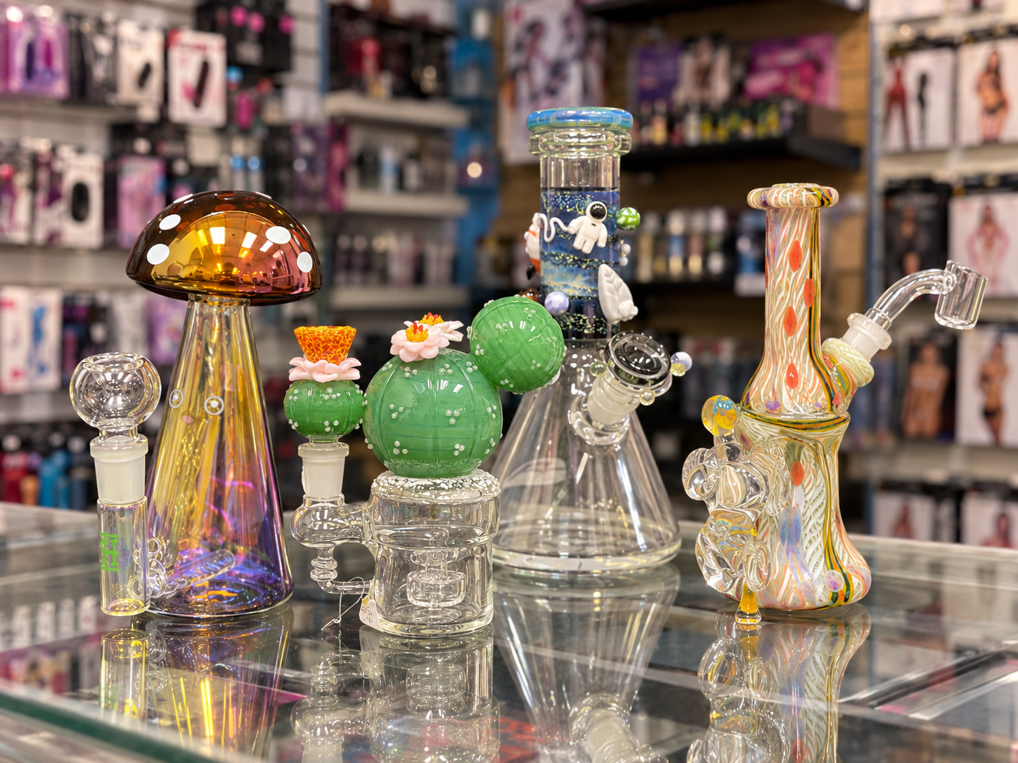 Colorful glass pieces displayed in the shop
