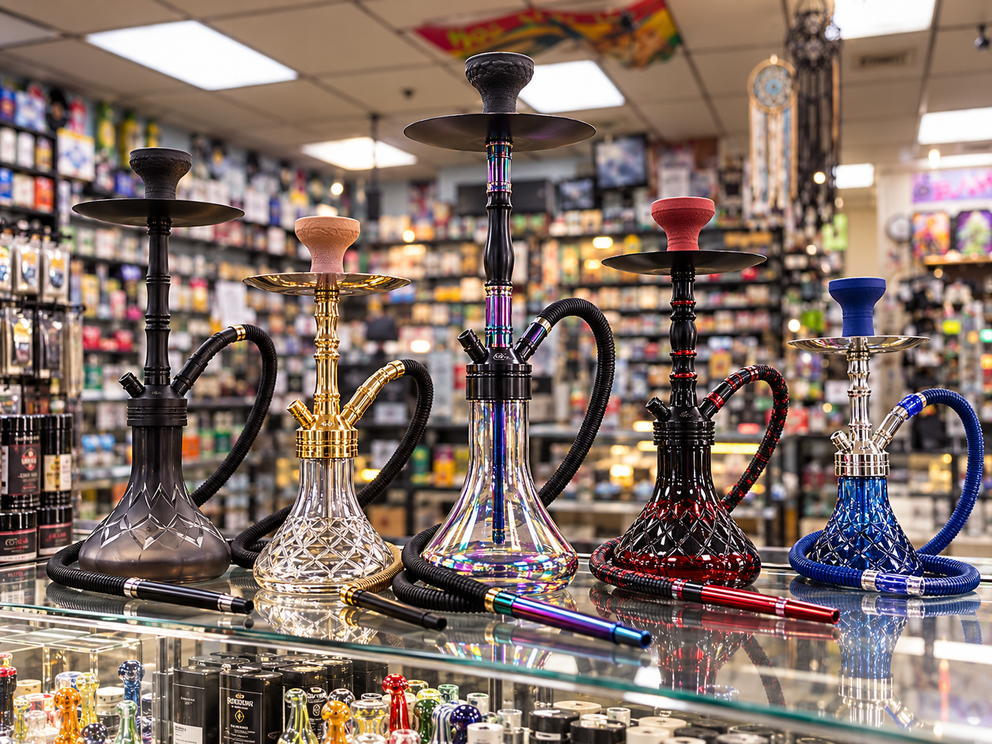 Decorative hookahs displayed in the shop