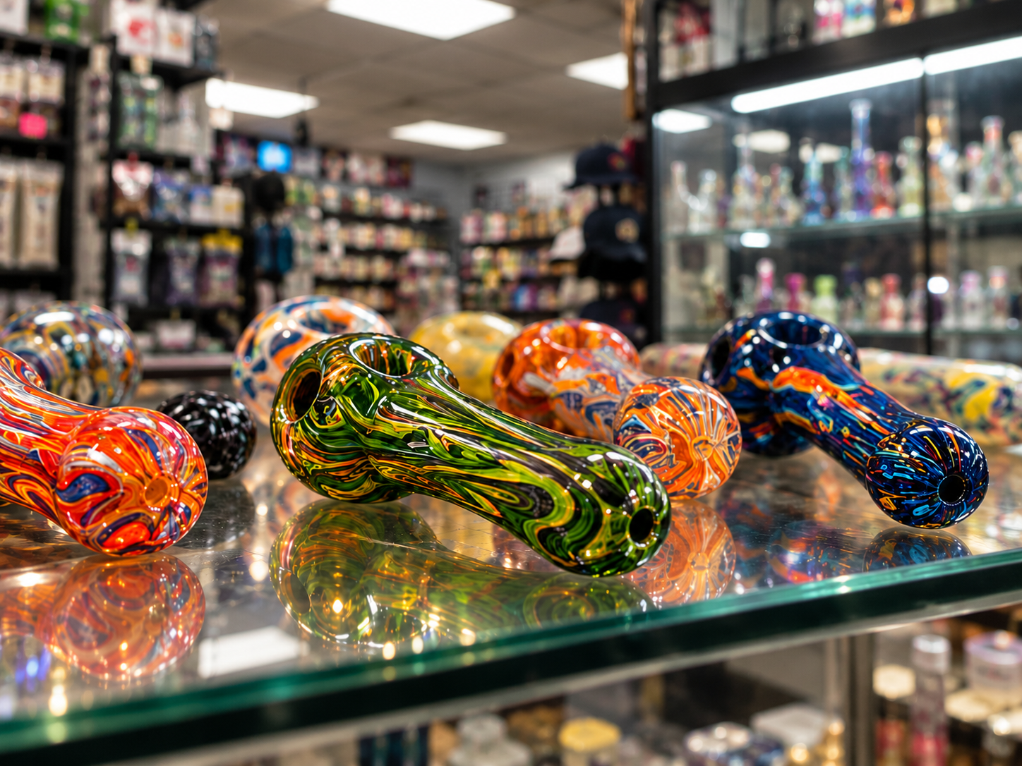 Colorful glass pipes displayed in the shop