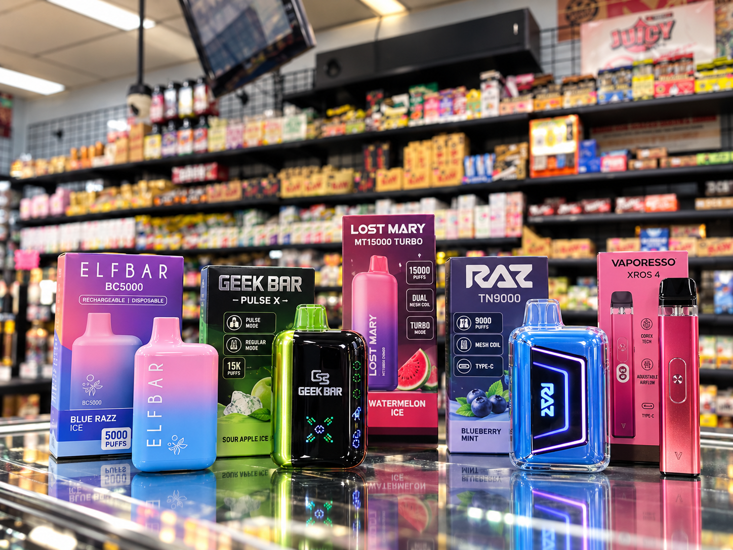 A colorful selection of vape products