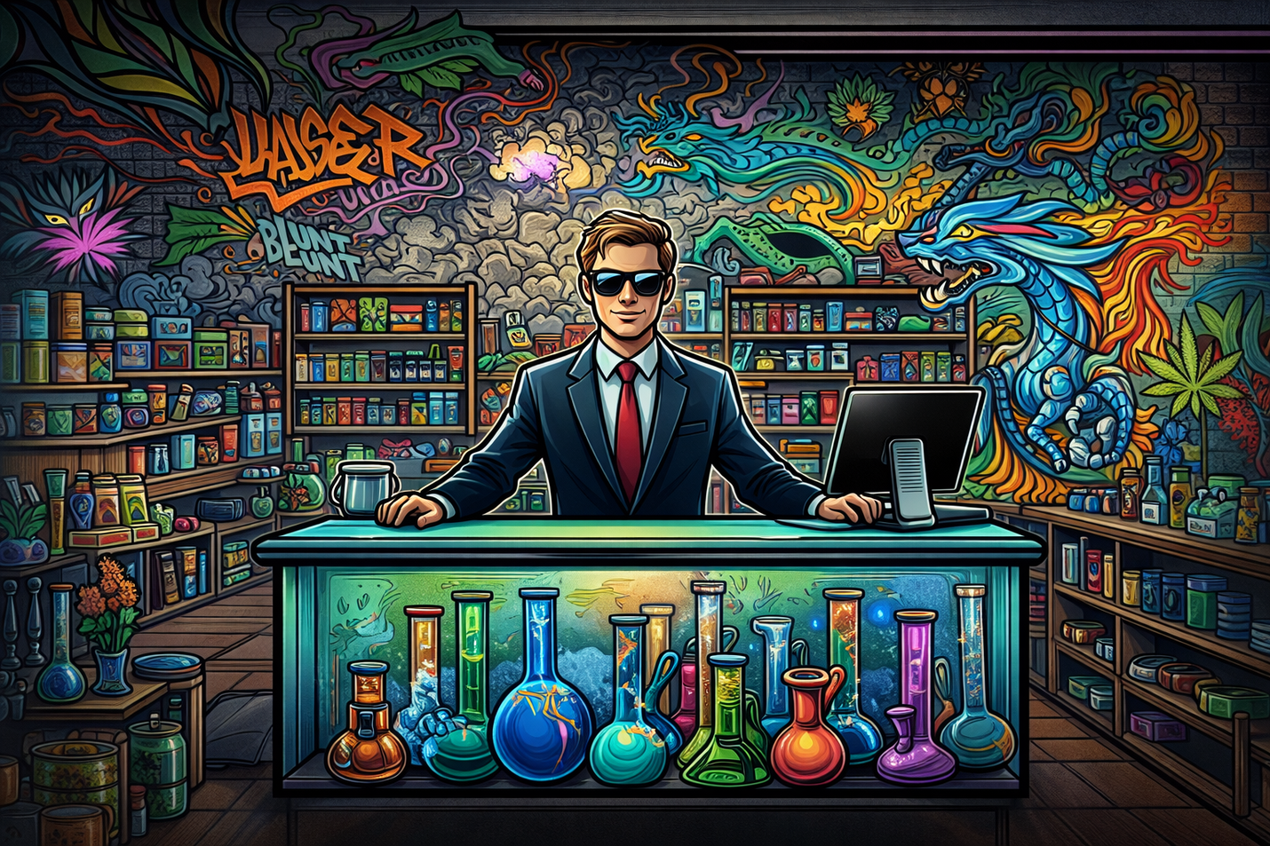Illustrated view of The Glass Eye, with colorful murals and glass displays