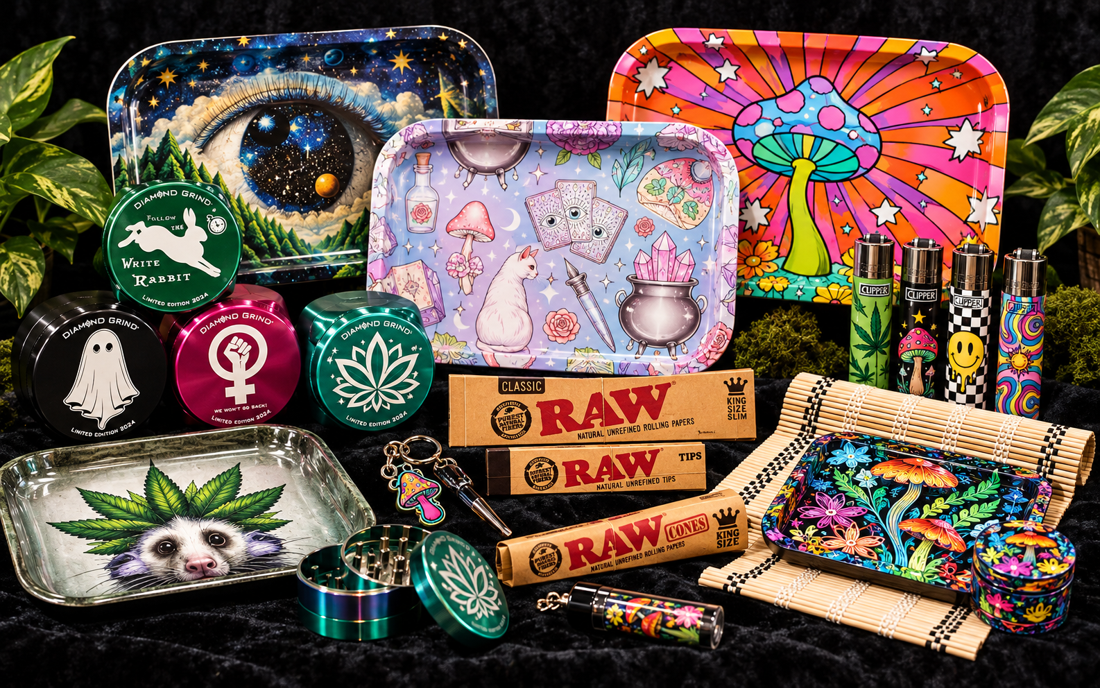 Colorful rolling papers, lighters, grinders, and accessories displayed together