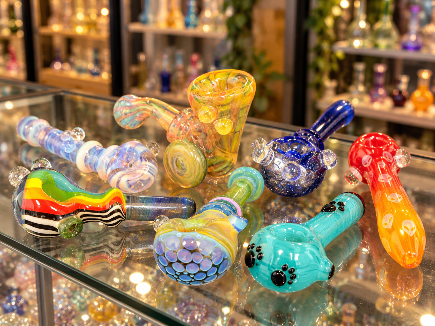 Colorful hand-blown glass pipes displayed in the shop