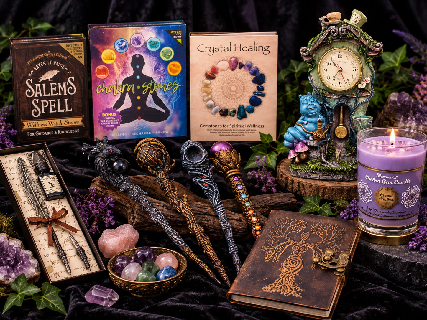 Crystals, spiritual books, candles, and other spiritual goods
