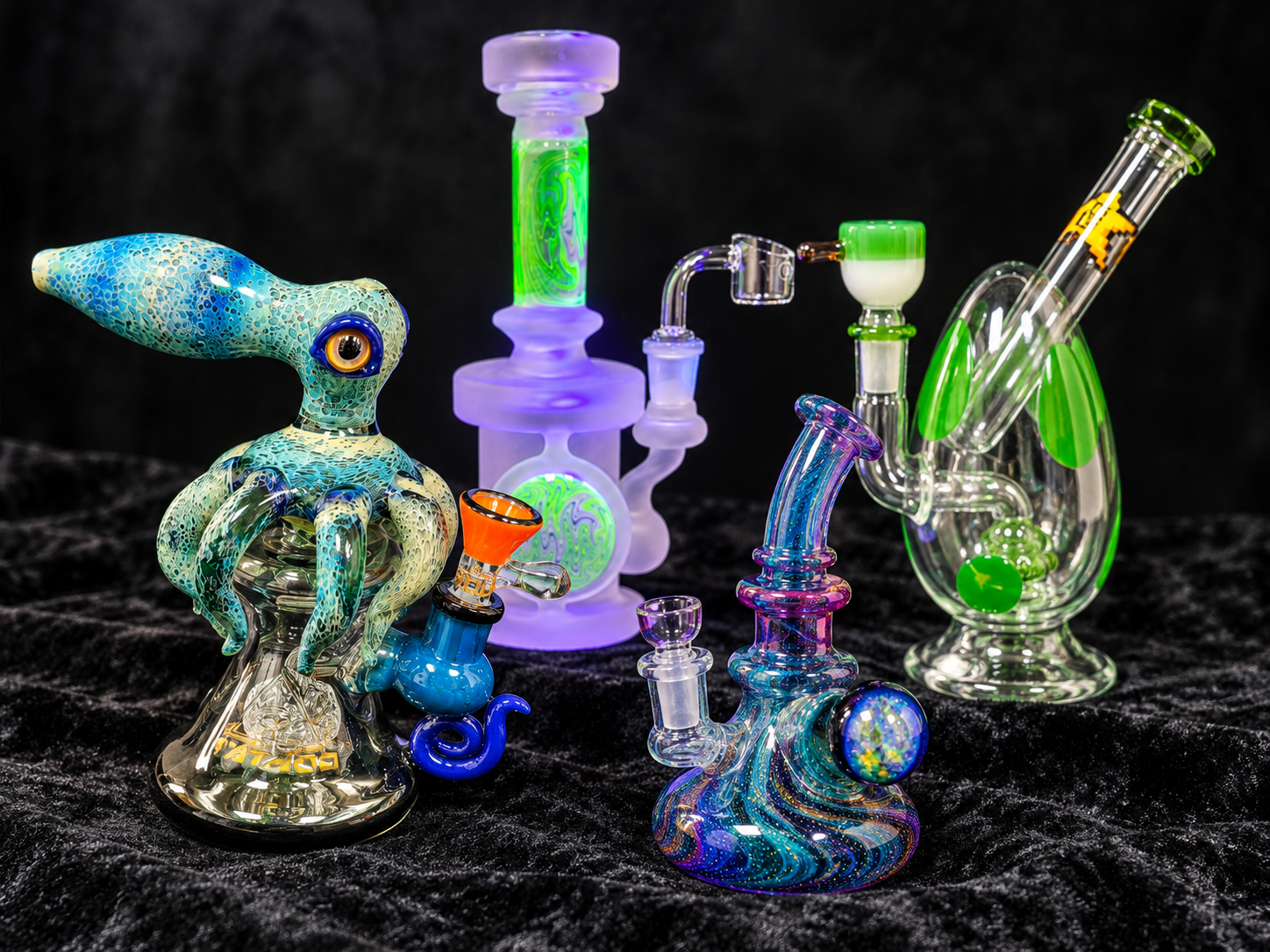 Colorful water pipes displayed against a dark background